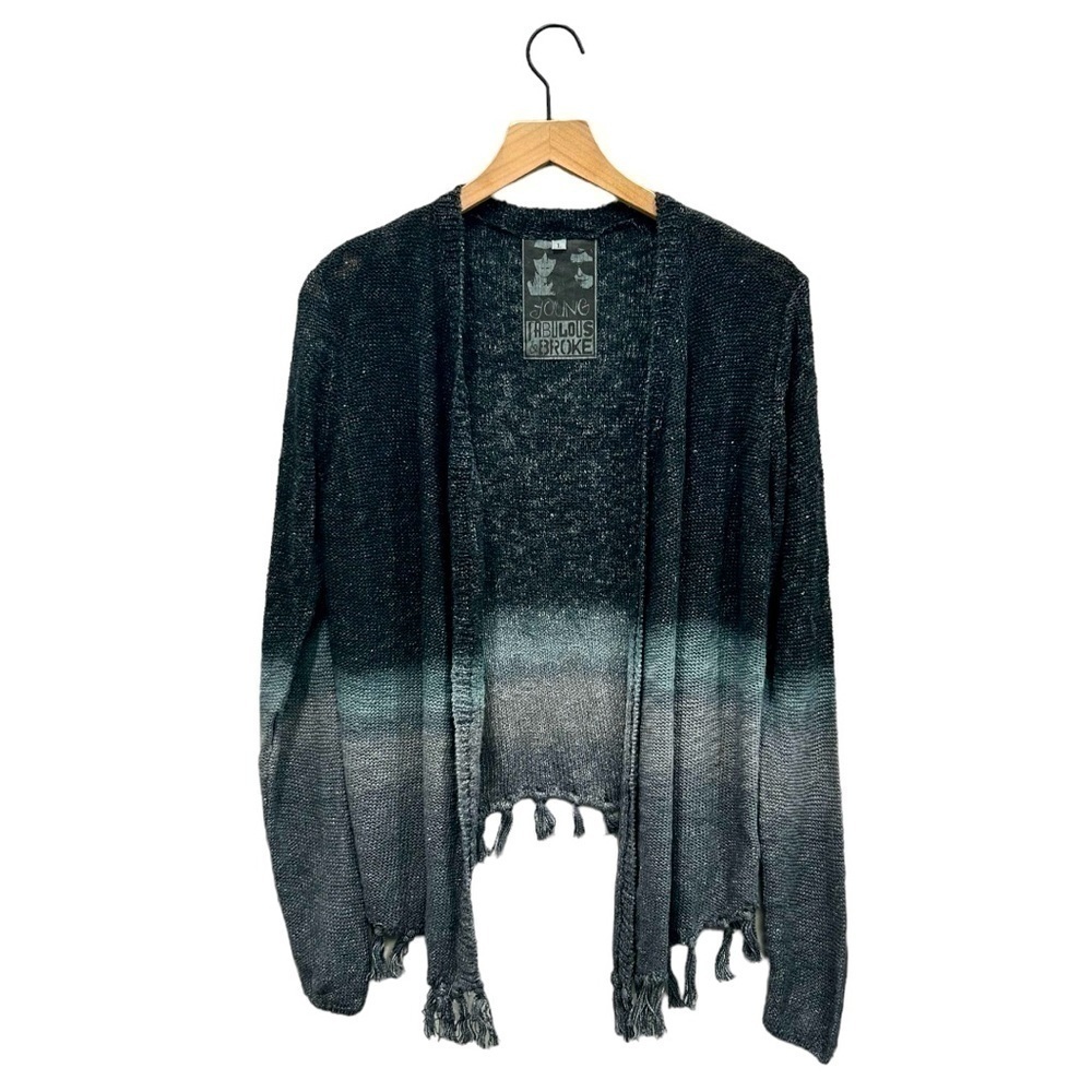 YFB Knit Cardigan Women’s Large Grey Ombré Fringe Sweater Long Sleeve NWOT